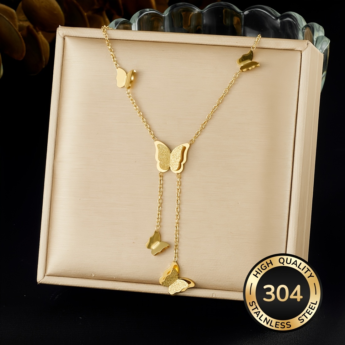 E-shop 304 Edelstahl Goldene Schmetterling Halskette, Modische Charm Halskette, Schmetterling Quasten Anhänger, Party Schmuck Geschenk, Damen Schmuck