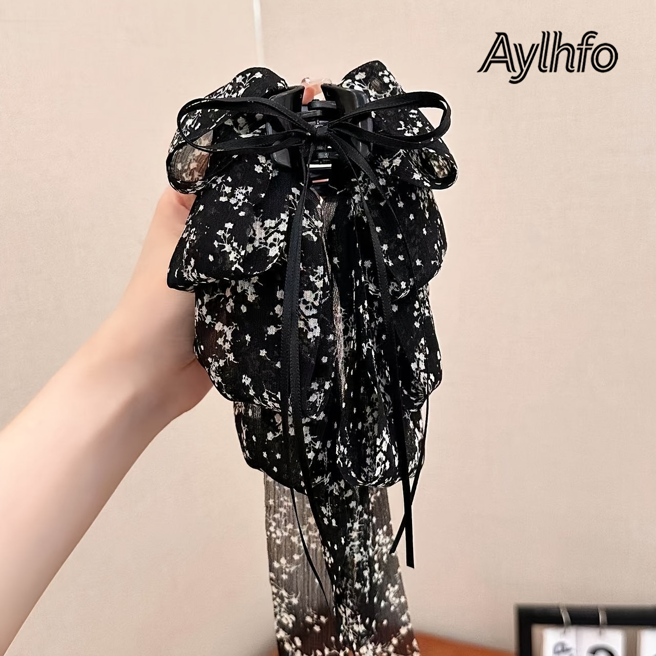 Image of 1pc Aylhfo Women's Floral Print Bow Ponytail Claw Clip, Back Of Head Shark Clip Half-tied Hair Clip, Elegant Headwear Suitable For Daily/party/wedding/dating/office/ Versatile Women's Hair Additions