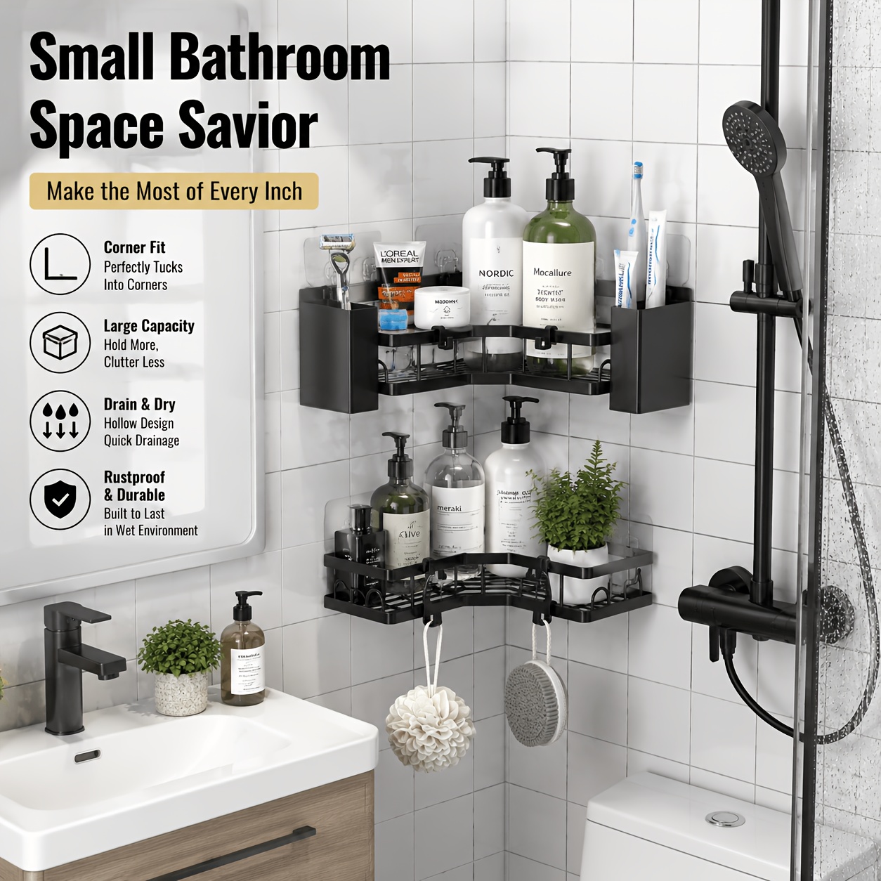 TEMU 3pcs Stainless Steel Shower Caddy, Shower Caddy Corner, 18kg Load Shower Storage With 8 Hooks, Rustproof Bathroom Additions With Soap And