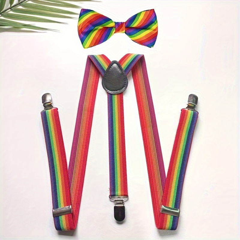 

Men's Rainbow Bow Tie And Strap Set - Adjustable Y-shaped Elastic Strap For Any Occasion, Ideal For Gifts