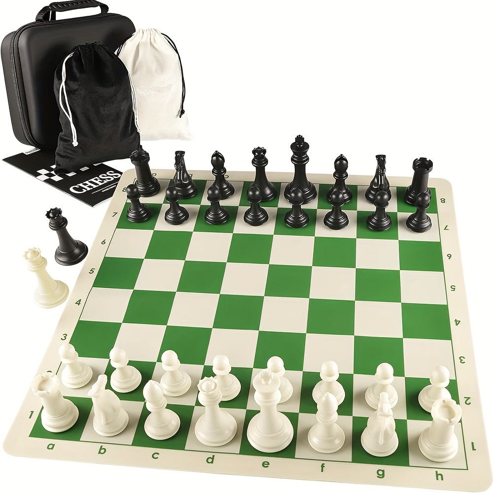 

4" King Tournament Chess Set With Foldable 20" Silicone Chess Board Mat - Green Color, 2.2" Squares - Weighted Chess Pieces, 2 Extra Queens - Carrying Case For Christmas, Halloween Gift