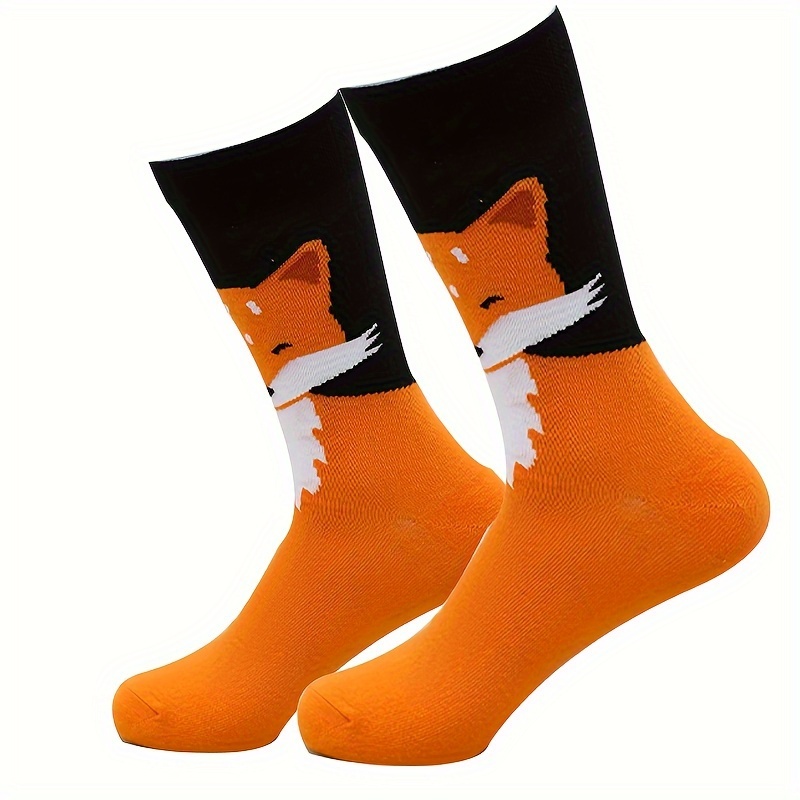 

Men' Crew Socks - Comfortable & With Smiling Fox Design, Breathable Polyester