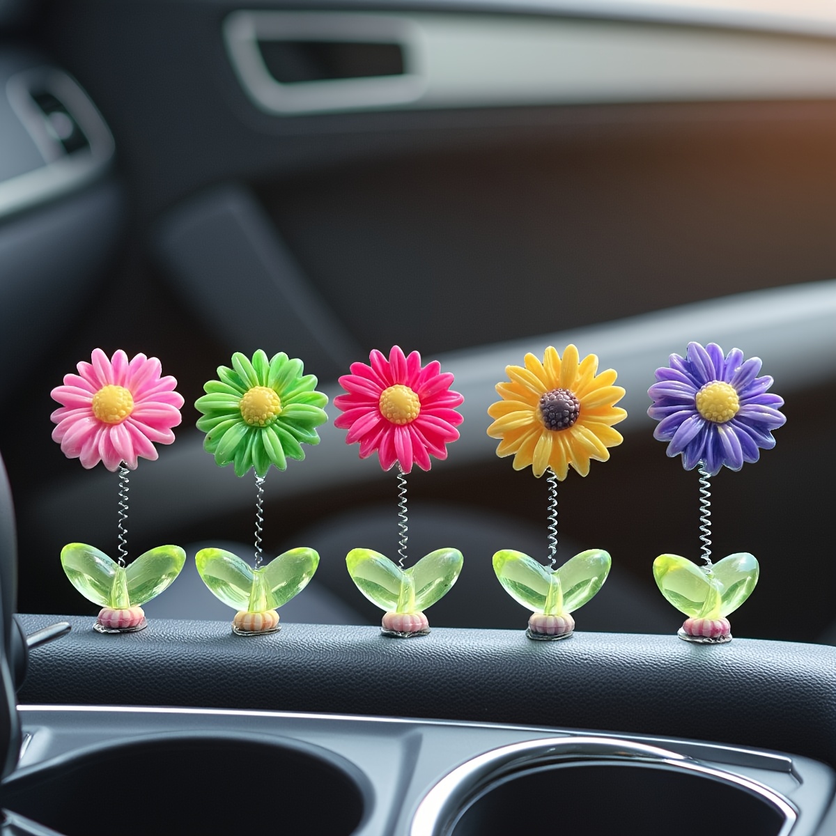 TEMU 5pcs Cute Flower Car Dashboard Decorations, Nodding Adorable Flower Car Ornaments, Floral Dashboard And Rearview Mirror Decor, Resin Material
