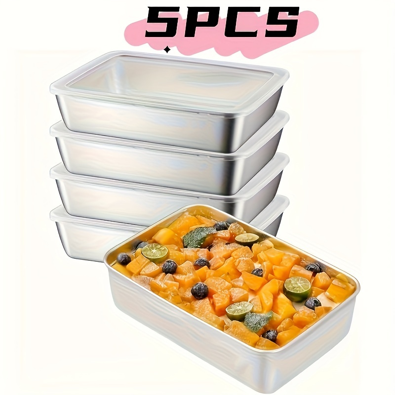 TEMU 5pcs Stainless Steel Food Storage Set With Transparent Lid - Suitable For Meat, Fruits, And Vegetables - Perfect For Camping, Outdoor, And Home