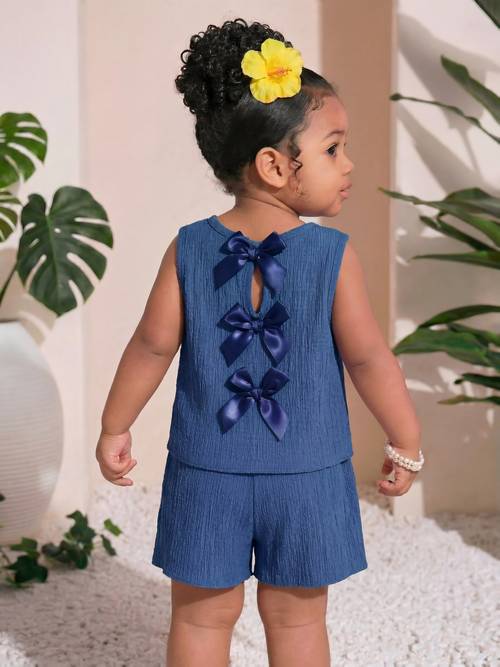 2pcs of 1 6 year old baby girl casual textured fabric back bow decoration vest and shorts set suitable for summer and outdoor activities for outdoor