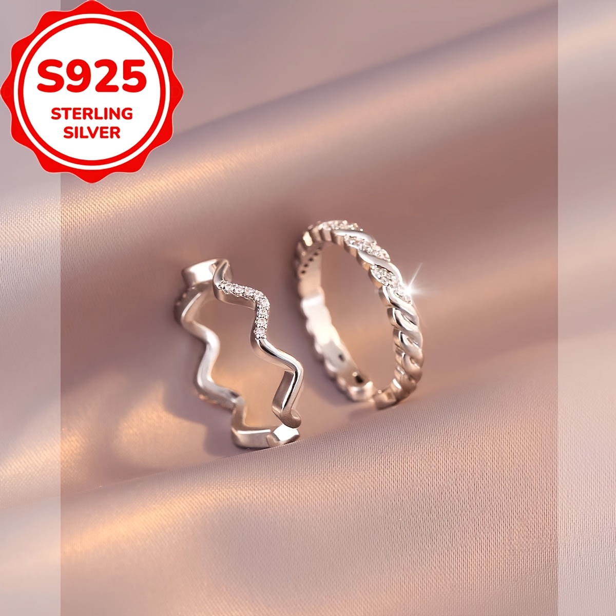 2pc Minimalist Fashion S925 Silver Braid Wave Pattern Ring Set