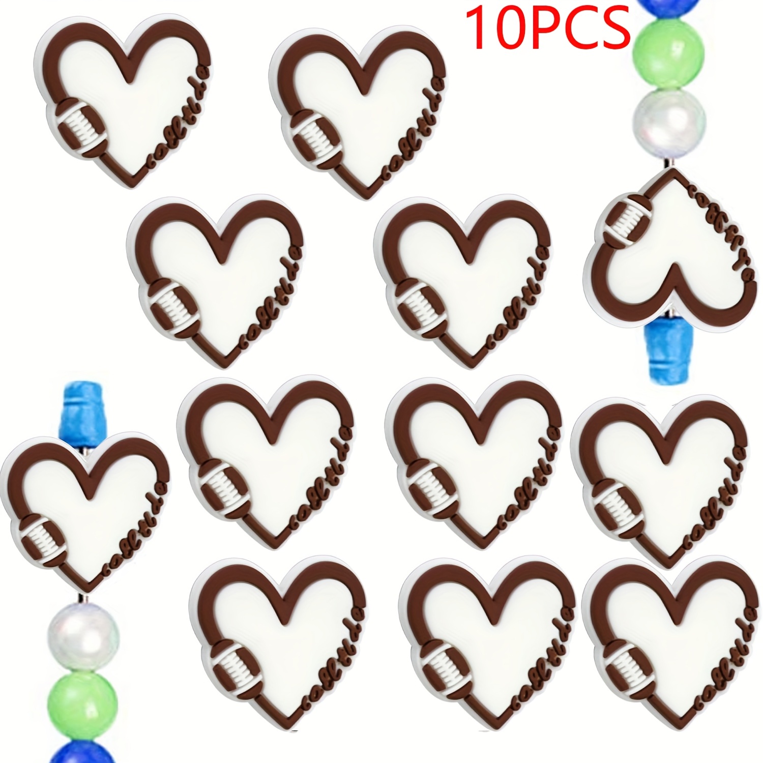 5 PC Heart Football Silicone Beads - Sporty Spacer Beads For Bracelets, Keychains & DIY Crafts