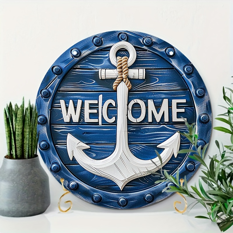 

1pc Nautical Welcome Sign With 3d Anchor, Vintage Aluminum Wall Art Decor, 8x8in/20x20cm, Rustic Maritime Theme For Home, Porch, Cafe, Bar, Room Decoration