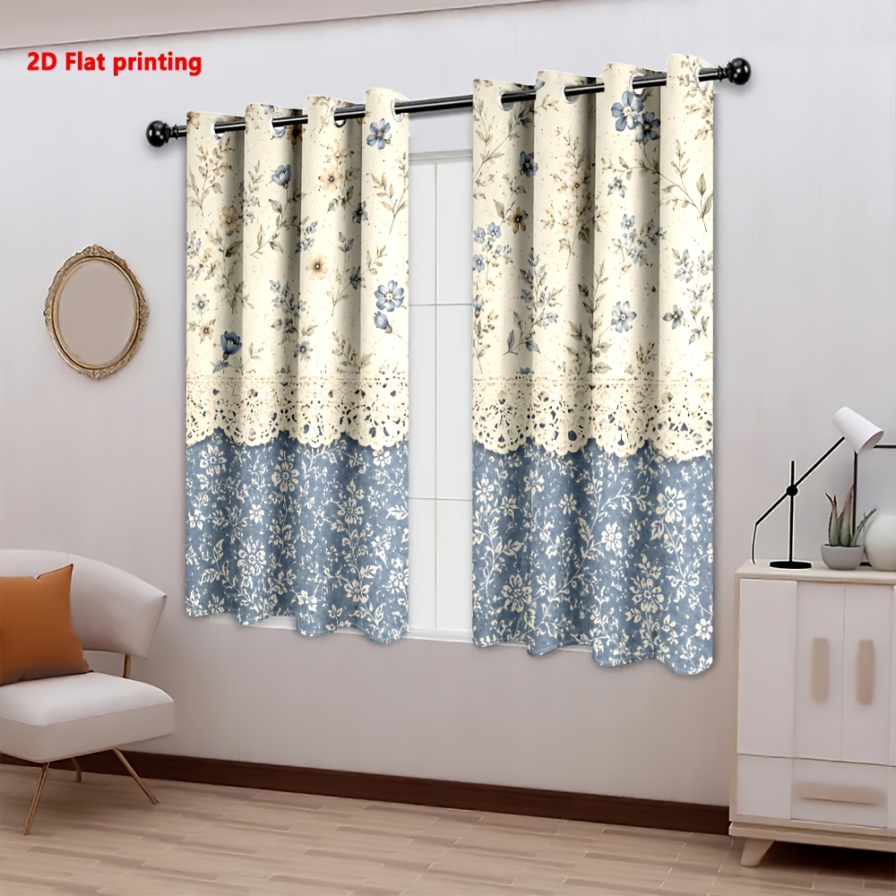 Image of 2d Flat - 2d Flat 2pcs Curtains Vintage Floral Print With Delicate Lace Trim, Light Filtering, Perfect For Living Room, Bedroom, Cafe, Home Decor