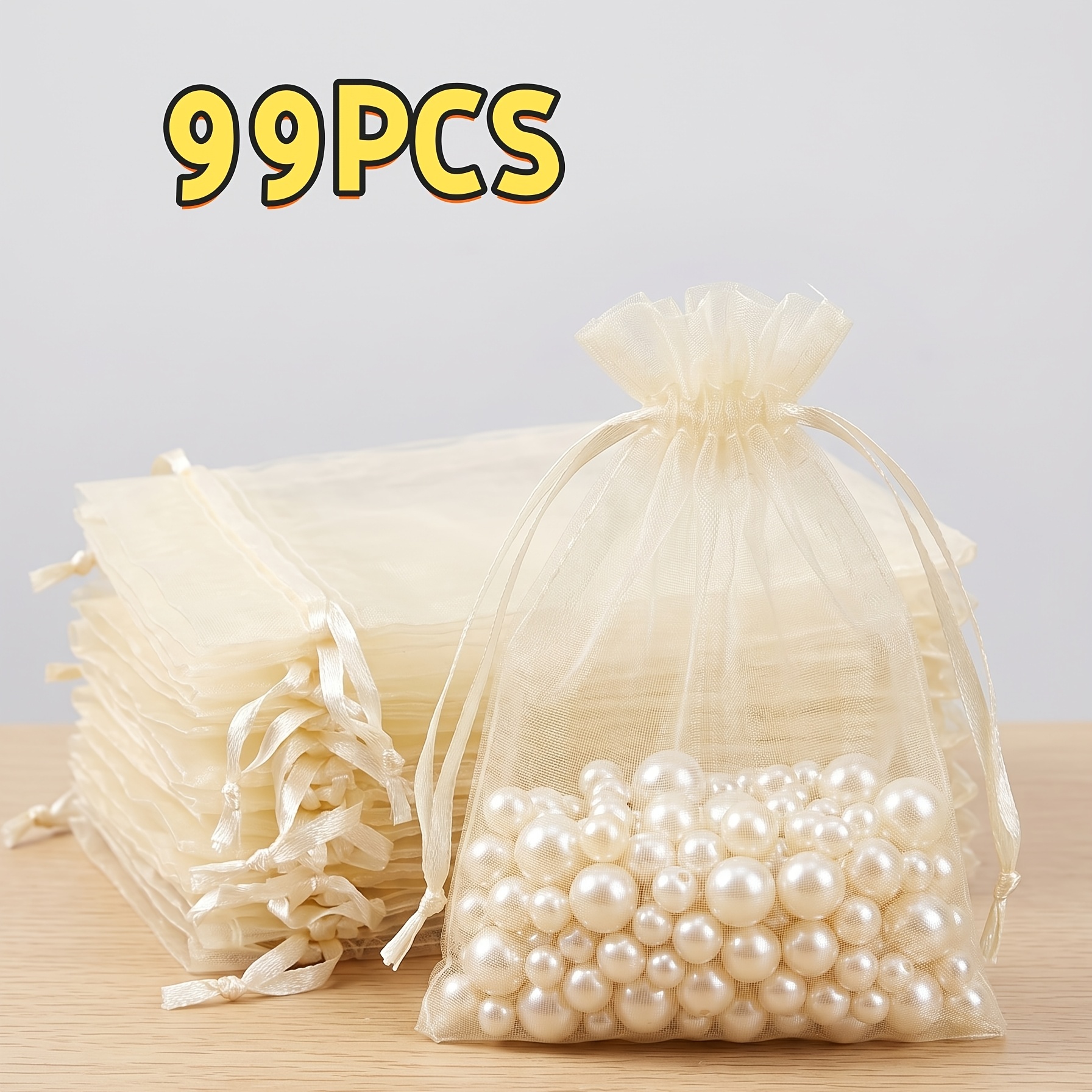 TEMU Cadeau pour elle/lui 99pcs Sacs en Organza Beige avec Cordon de Serrage - Couture de Double Face, Tissu Durable pour Bijoux, Cadeaux de Mariage
