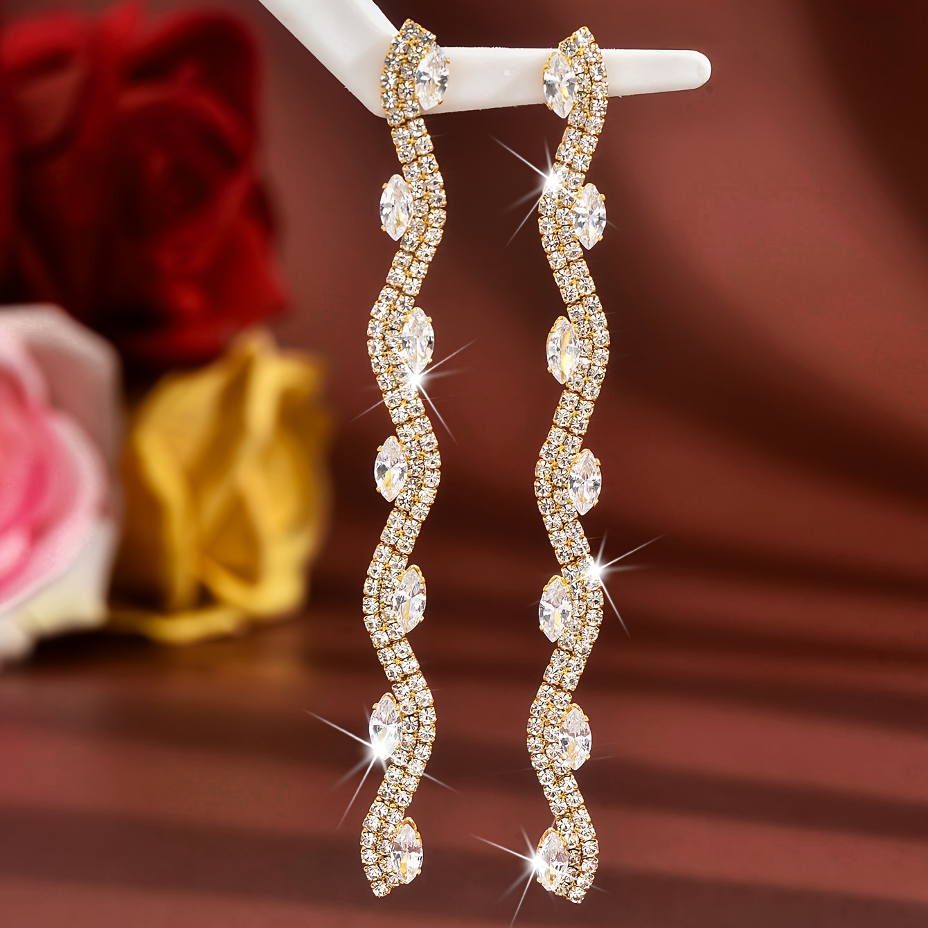 Women's Light Luxury S-shaped Wave Long Drop Earrings, Sparkling Design