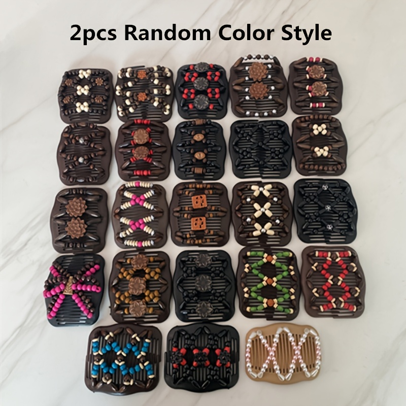 Image of Hair Combs Beaded Stretch Double Side Combs Clips Bun Maker Hair Accessories (2pcs Random Color)