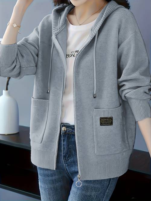 chic womens hooded sweater with full zipper long sleeve design featuring a zippered front complete length zipper and front pockets solid brown winter jacket ideal for fall winter