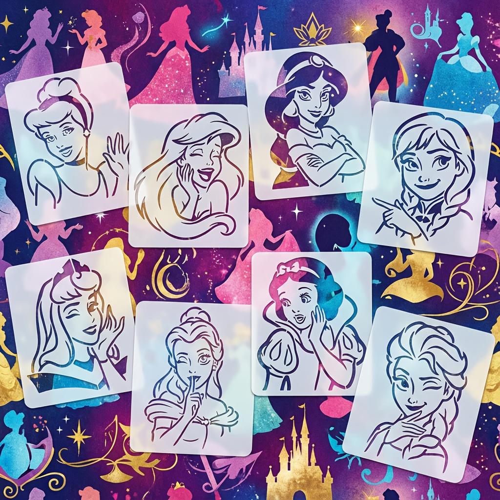 Image of 8pcs Princess Theme Painting Stencils | Aurora, , Snow White, , , Cinderella, , Jasmine - 5x6 Inch Reusable Plastic Stencils With Cute And For Crafts, Wall Art, Canvas, Notebook