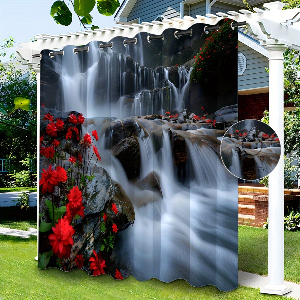 

1pc Waterfall Floral Outdoor Curtain - Waterproof & Oil-resistant, Modern Garden Gazebo Sunshade With Grommet Top For Easy Hanging