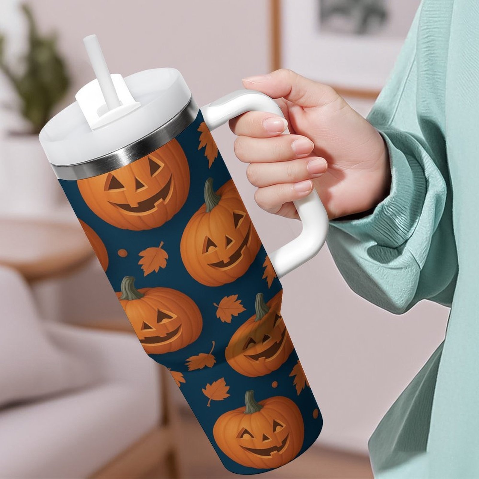 halloween motyw ziemniaków projektowany 40oz kubek ze stali nierdzewnej z słomką i uchwytem, modny duży izolowany kubek wody, 40oz kubek podróżny kubek kawy kubek samochodowy do codziennego użytku prezent domowy samochód na zewnątrz podróże sport fitness siłownia biuro
