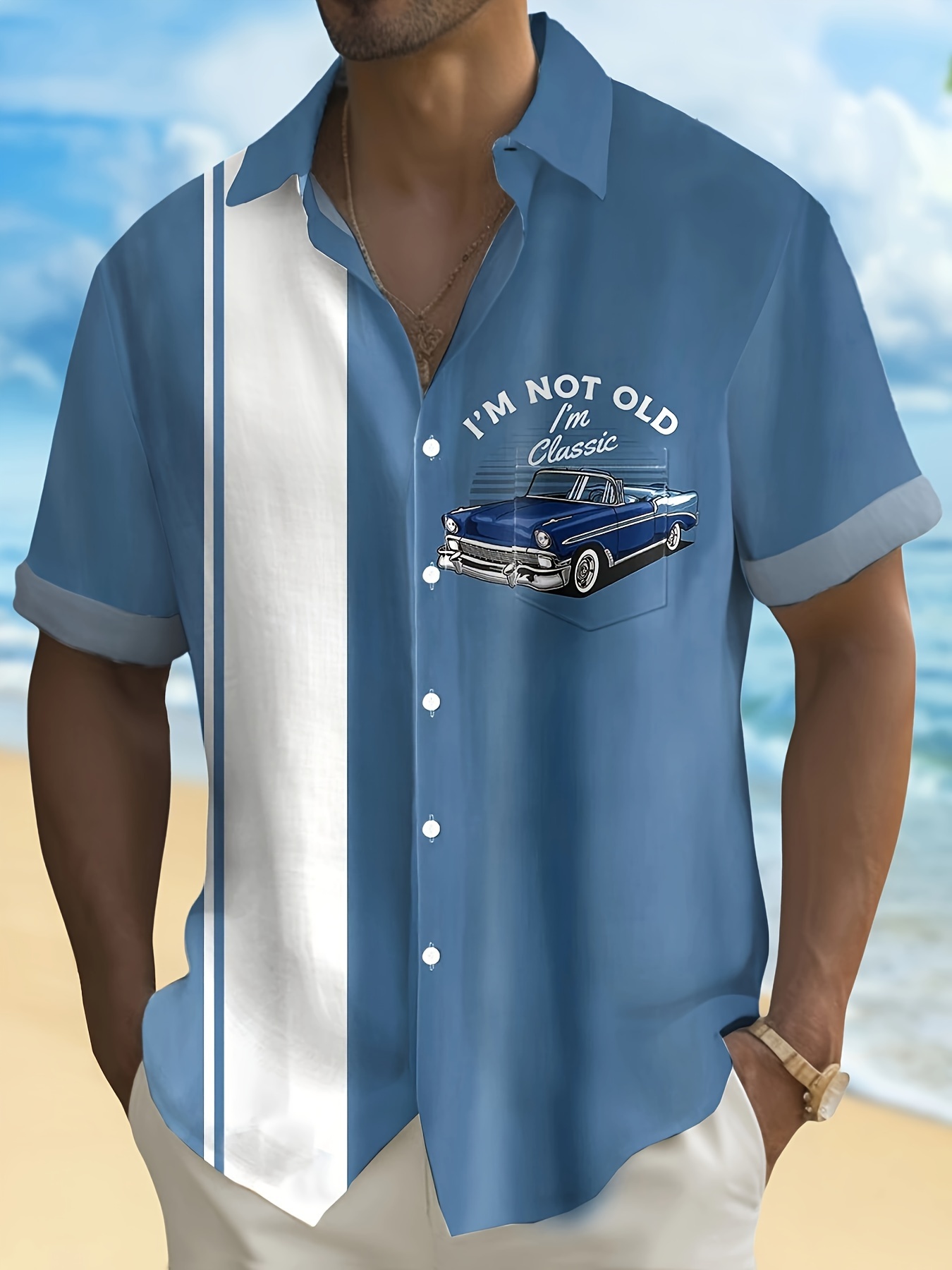 Men'S Plus Size Vintage Car Graphic Button-Up Shirt - Blue & White Checkered, Short Sleeve, Casual Summer Shirt with Front Pocket, Casual Summer Wear|Vintage Car Print|Short Sleeve Shirt