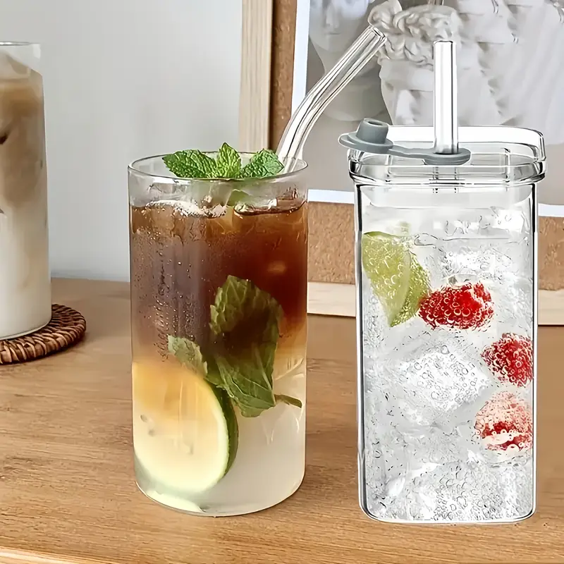 6pcs square glass cups with lids straws insulated reusable drinking glasses scratch resistant hand drawn for iced coffee cocktails office parties outdoor use perfect father s day christmas mother s day gift Product details 1