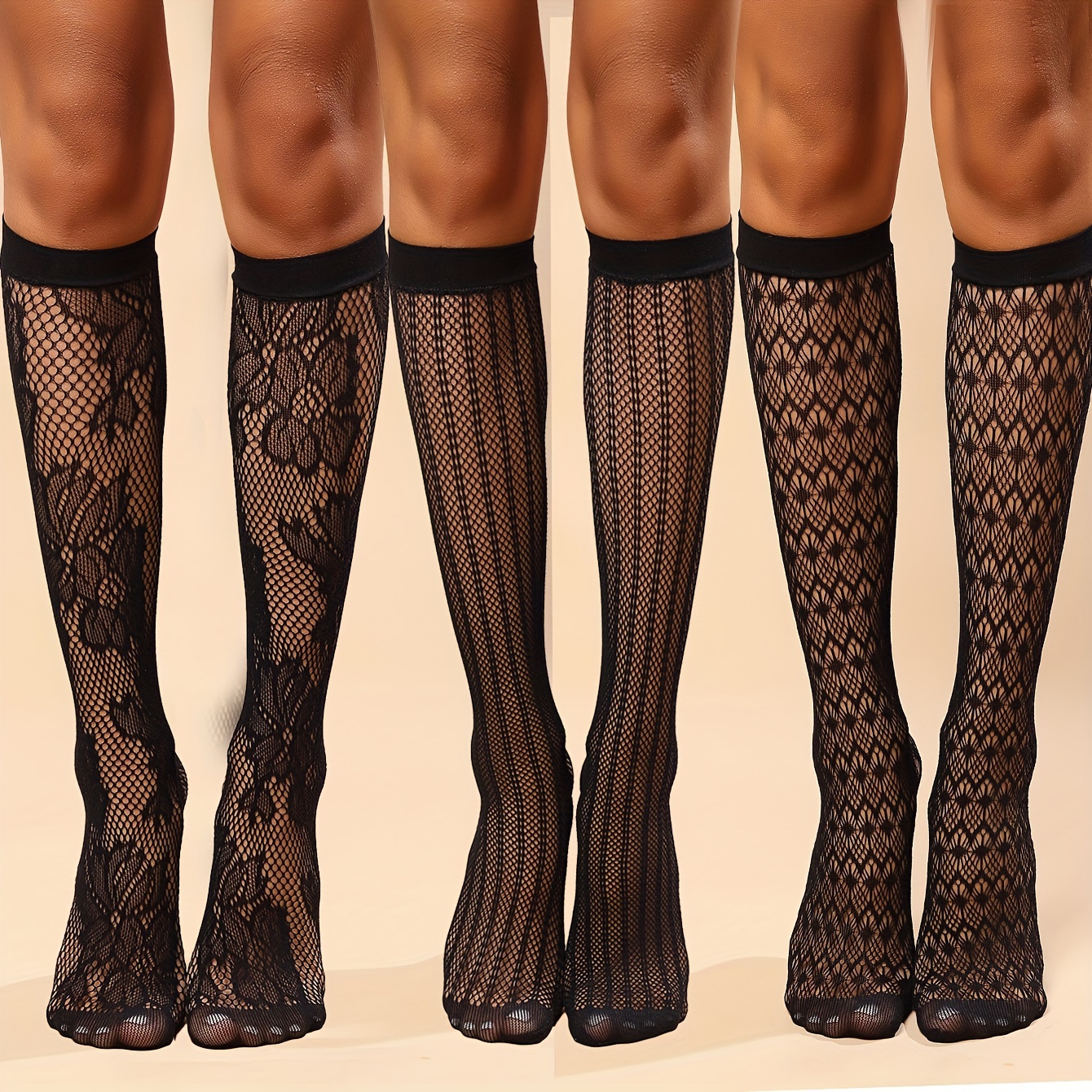 

3 Pairs Lace Mesh No Show Calf Socks, Ultra-thin Transparent Knee High Socks, Women's Stockings & Hosiery