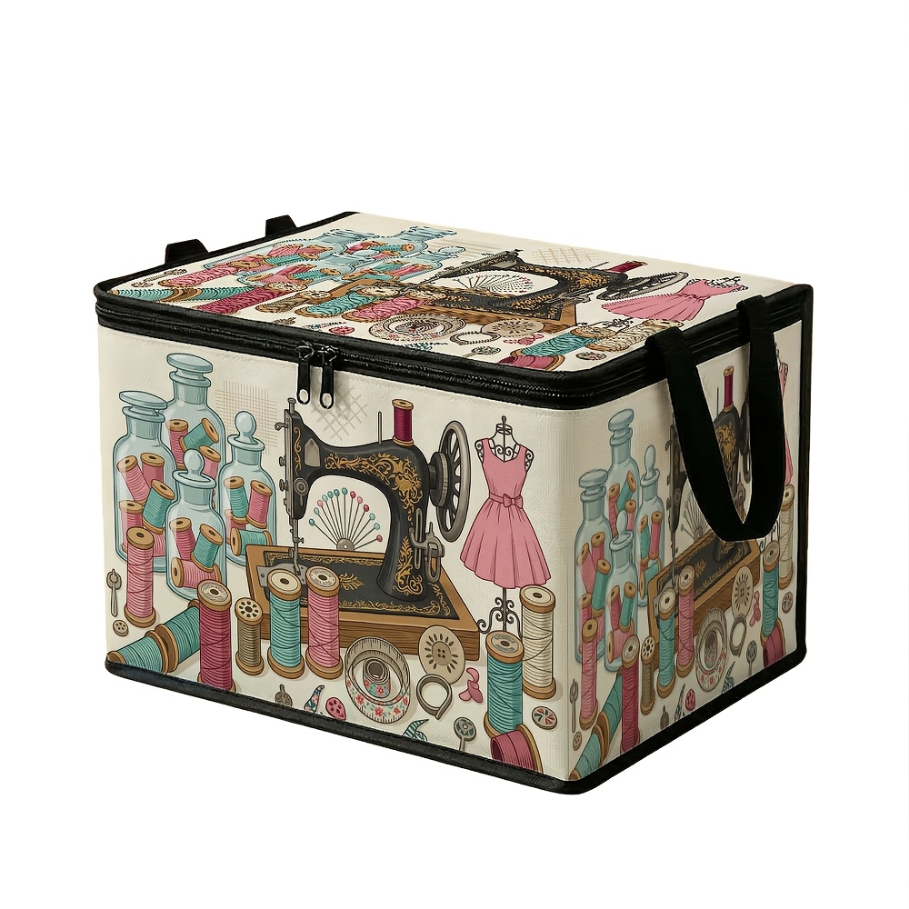TEMU 1pc Clothing Lid Storage Box, Vintage Industrial Sewing And Sewing Machine Spoolsprinted Storage Bag, Large Capacity Folding Storage Bag,