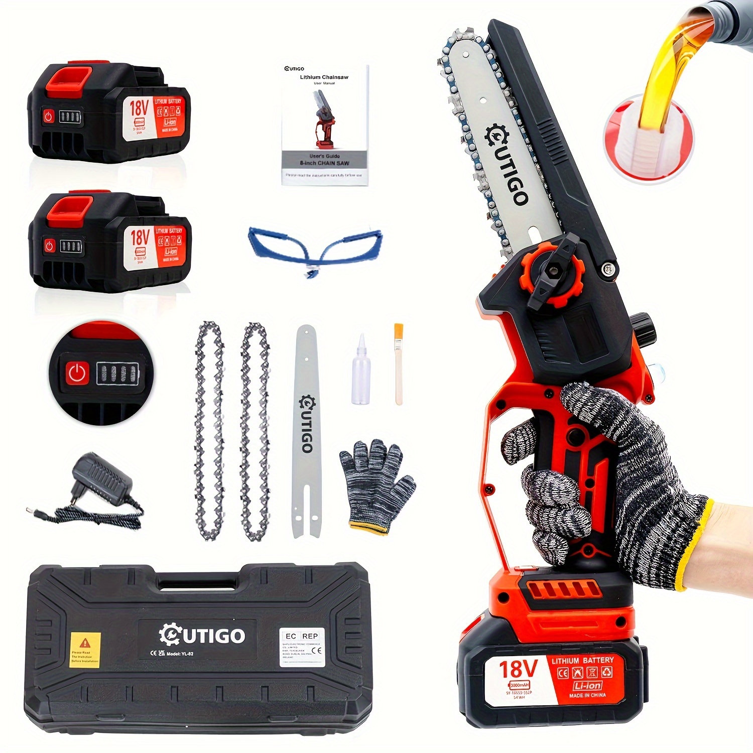 

Outigo Battery Chainsaw, Mini Chainsaw 6000mah, 6'' Electric Chainsaw 2 Battery, Chainsaw 3 Chains + 1 Chain Guide Bars, Mini Cordless Electric Chainsaw