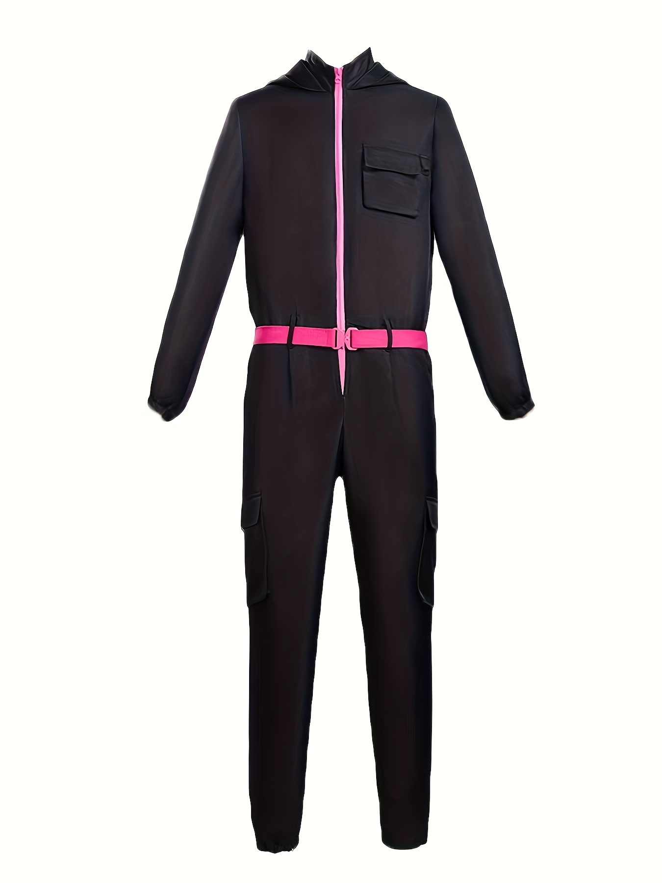 Adult Black Hooded Role-Play Jumpsuit with Pink Accents Full-Zip Long  Sleeve Costume, Adjustable Waist Belt Pockets for Halloween, Cosplay,  Themed
