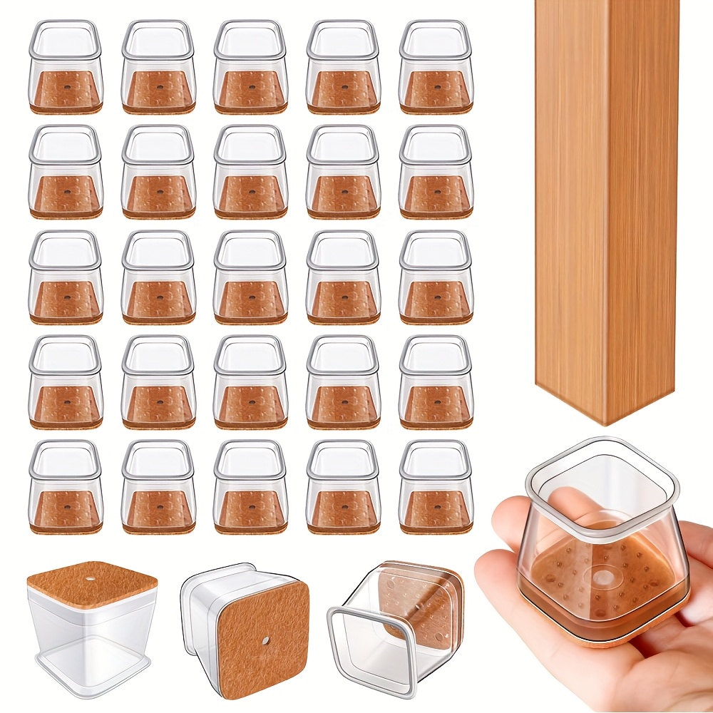 24pcs transparent chair leg protectors with light brown felt pads square silicone table and chair leg covers scratch and noise reducing suitable for hardwood floors durable plastic construction chair leg floor protectors