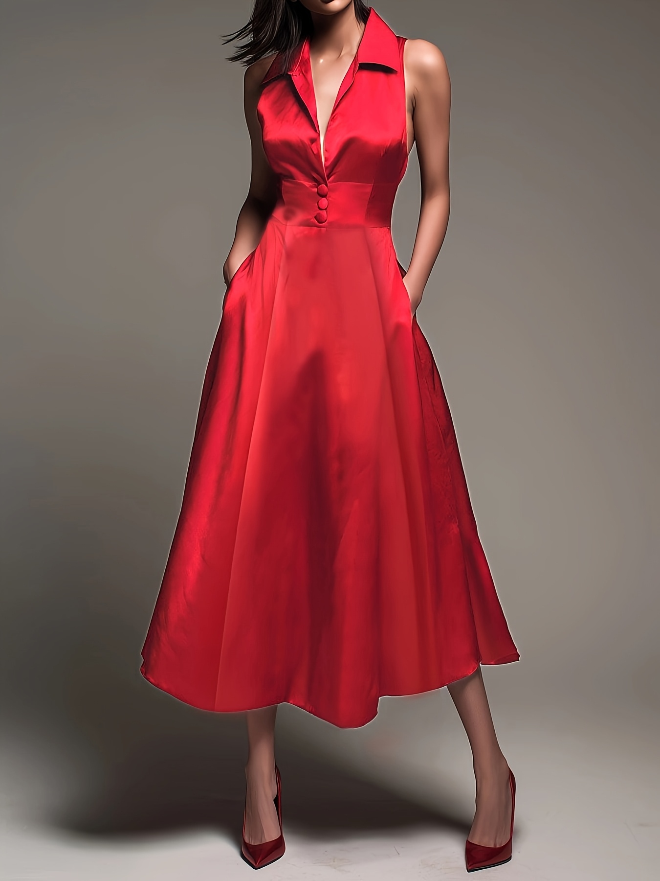 elegant red satin sleeveless collared fit flare midi dress - Temu Mauritius