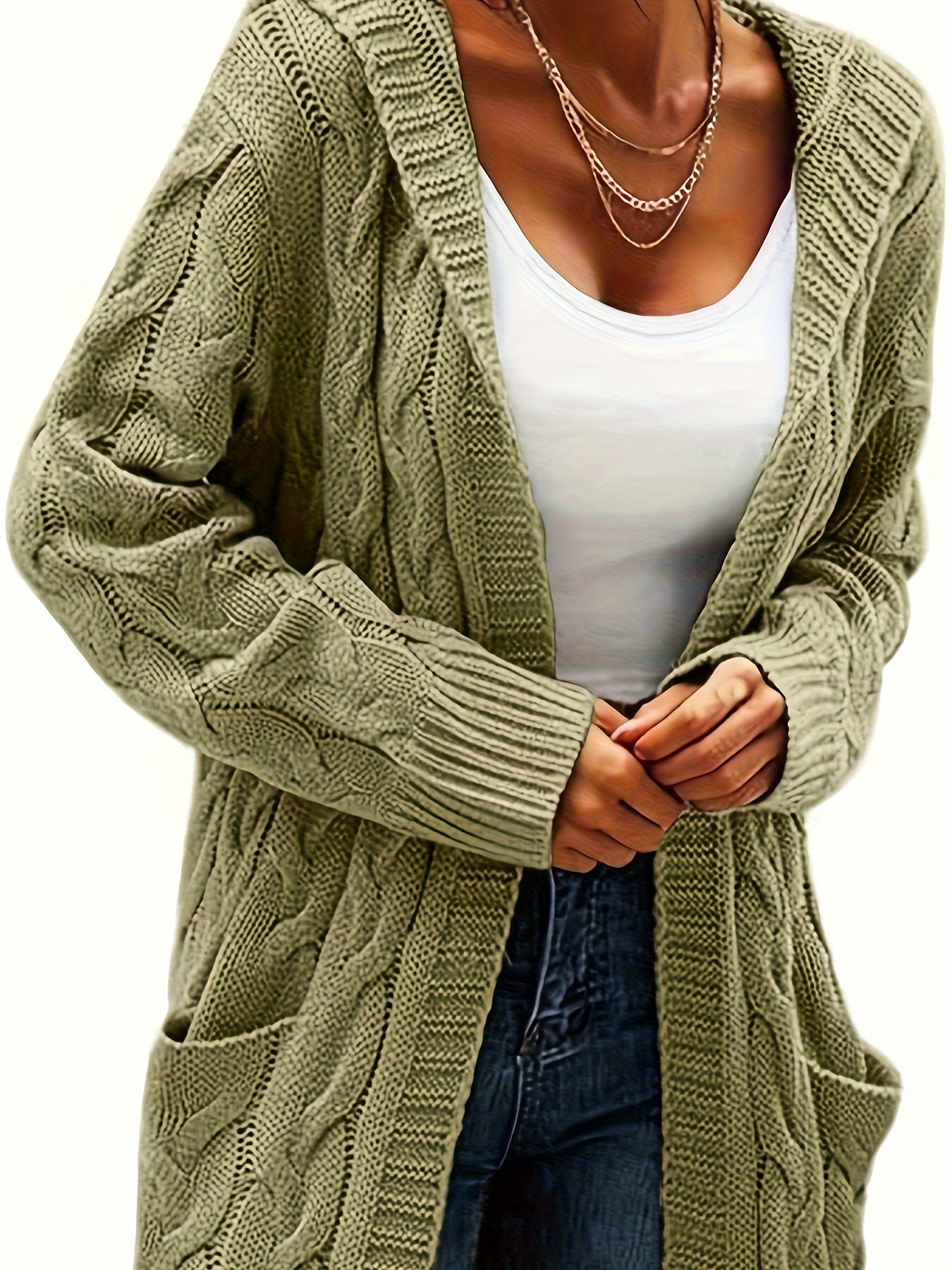 women hooded open front cardigan cable knit sweaters solid Temu