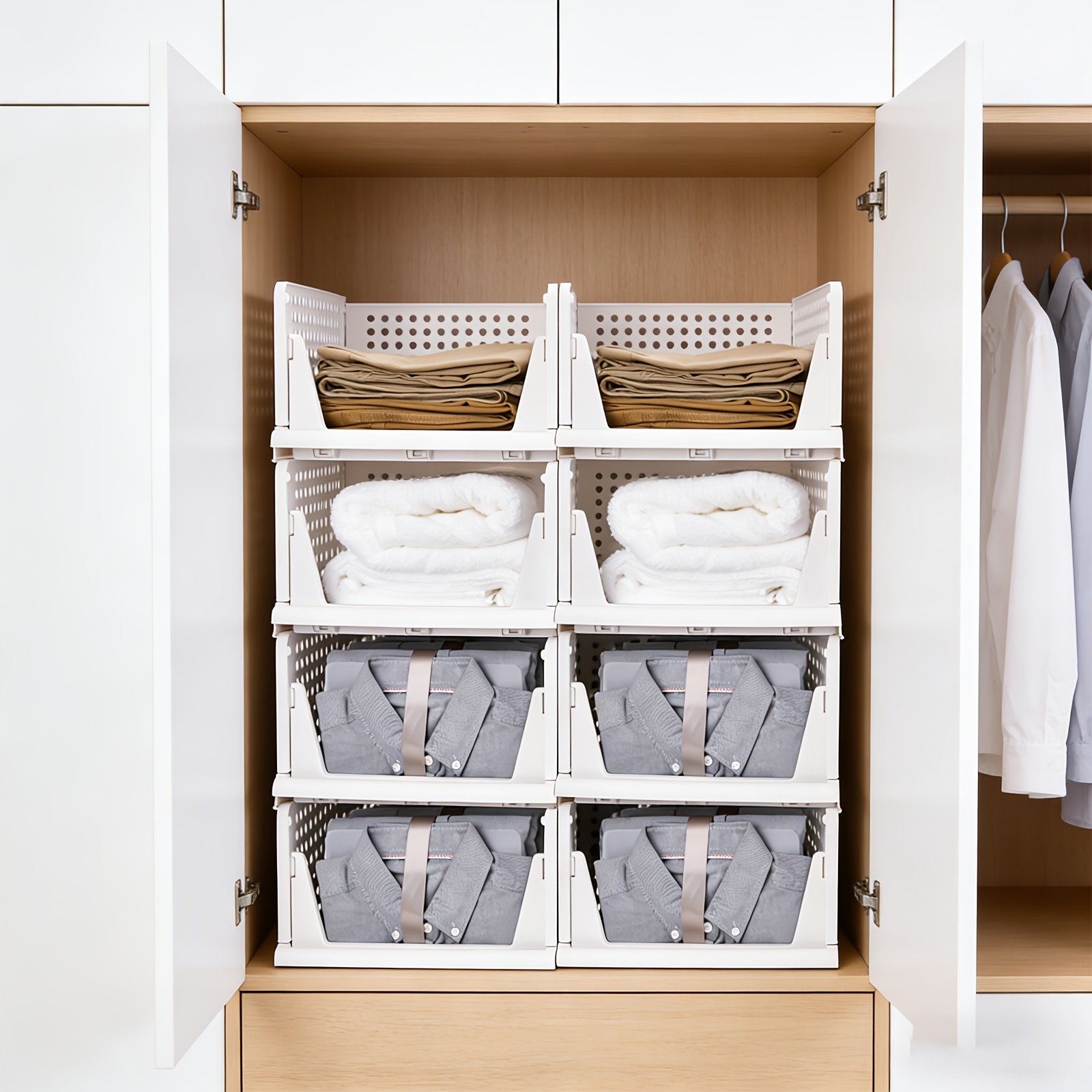 TEMU 8 Pack Stackable Storage Bins, 145 Cm High, Modular Closet Organizer Shelves, Cm High Per Layer, Foldable Plastic Cubes For Closet And Shelf