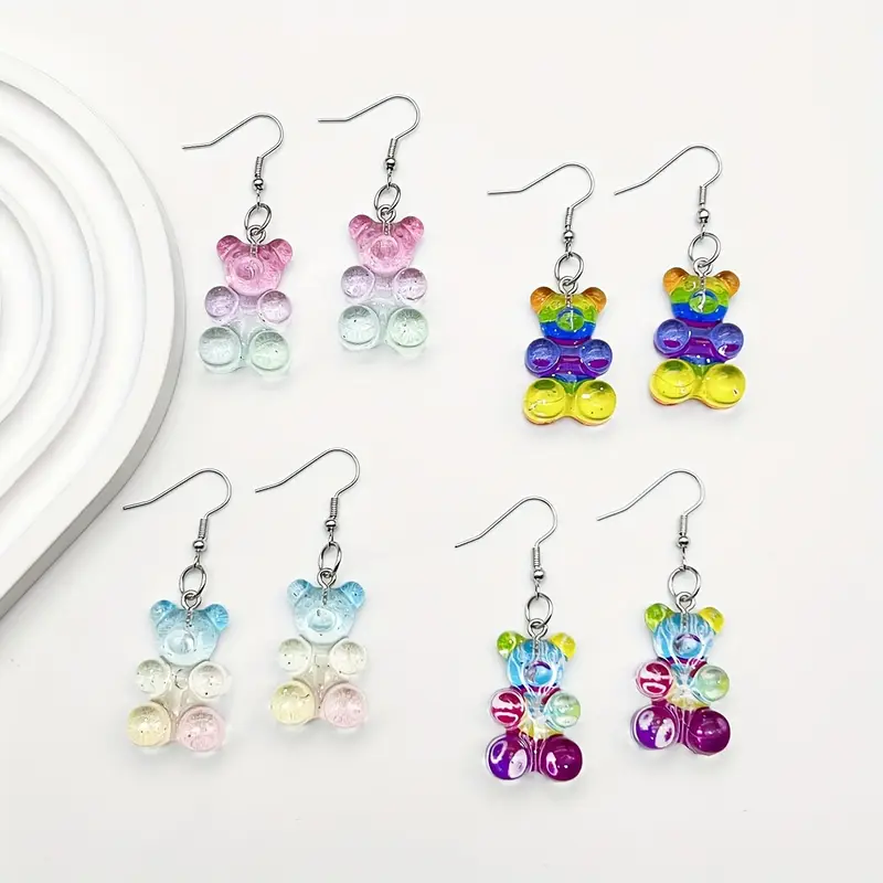 resin gummy bear earrings 4 pairs of colorful cartoon charms for everyday wear or as a gift details 3
