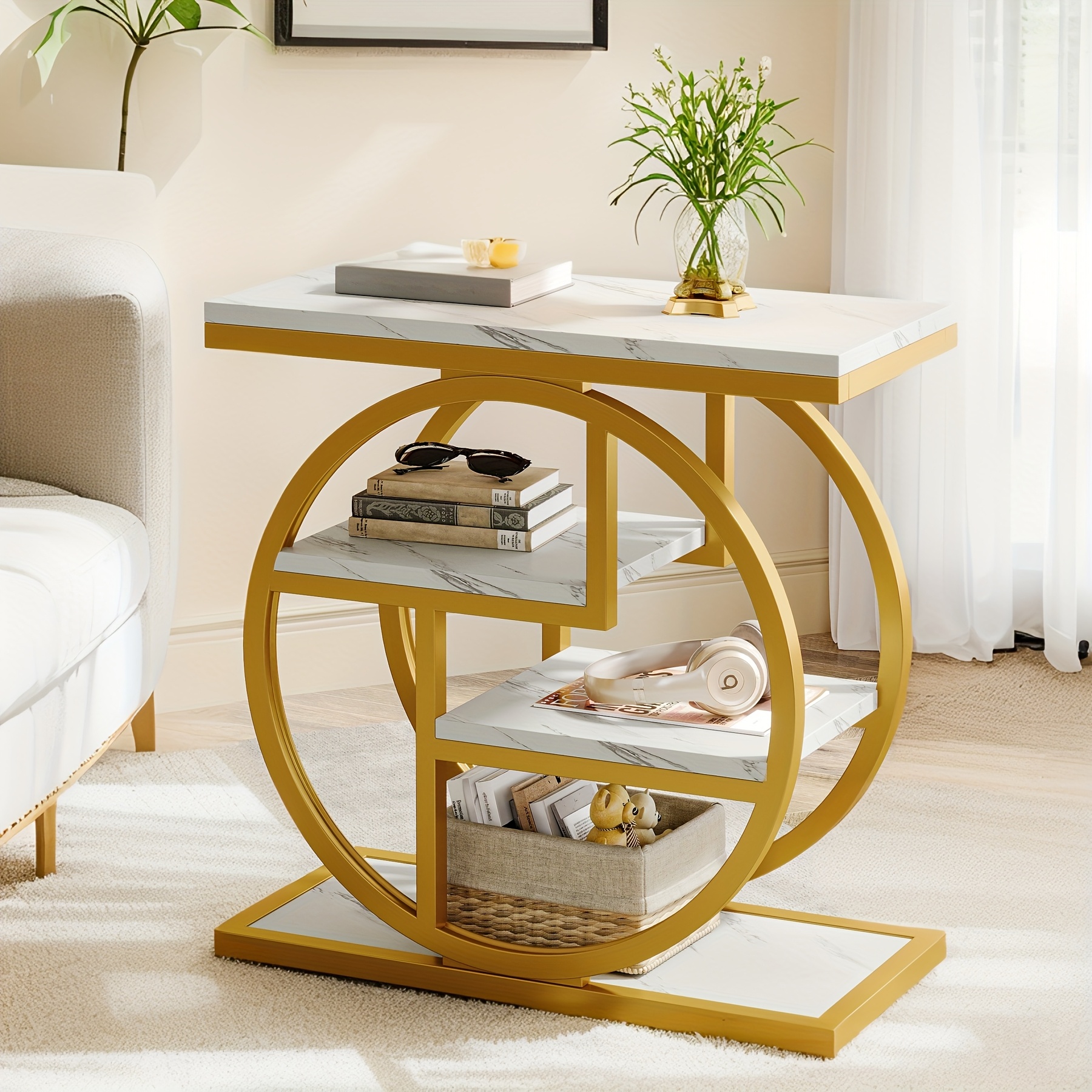 TEMU Chic 4-tier Side Table With Storage Shelves, Modern Marble & Golden Metal Frame, Slim End Table For Living Room Or Bedroom, Organizing Books, Plants, And Decor