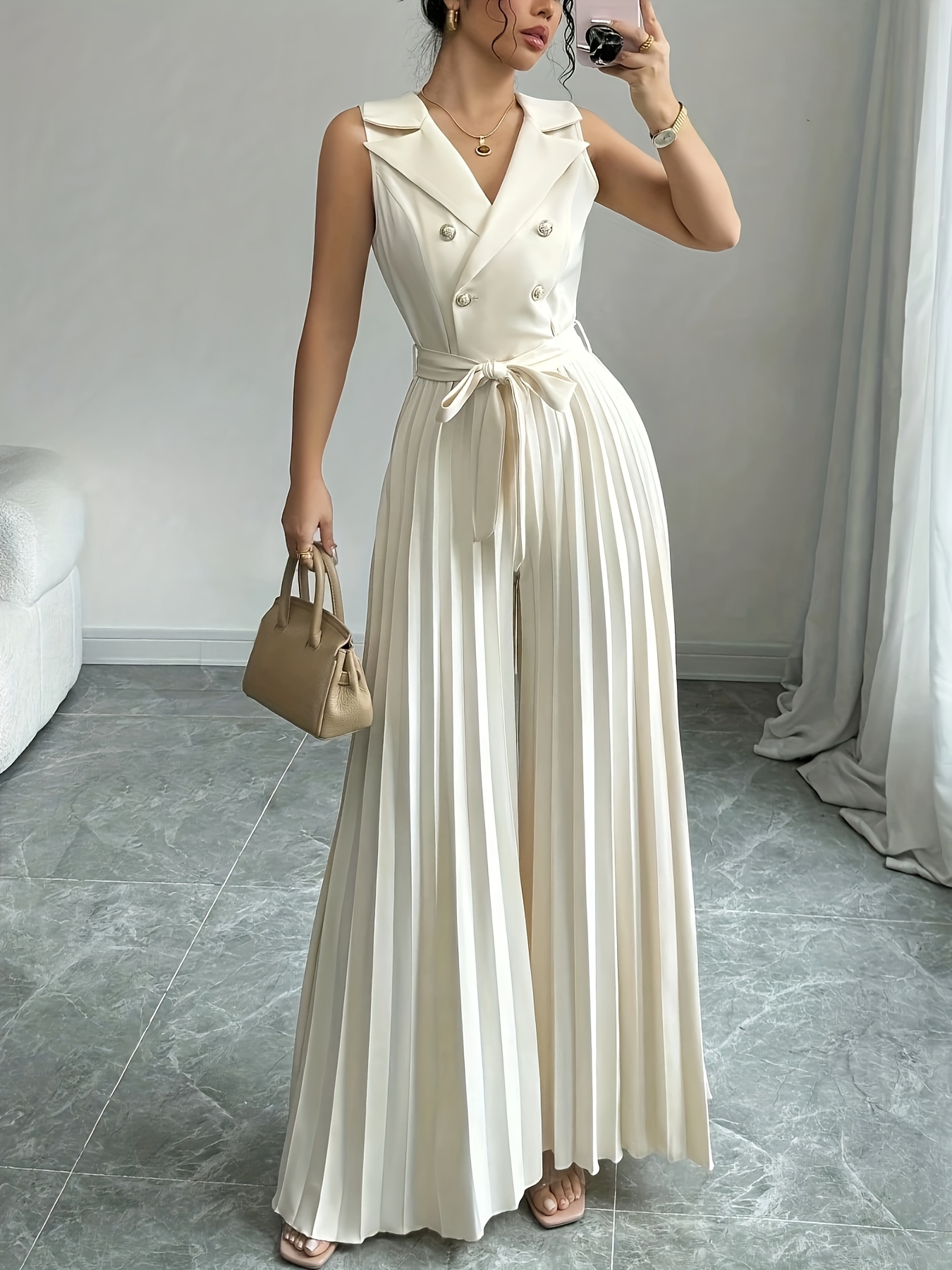 Elenzga Women's Elegant Double-Breasted Wide-legged Jumpsuit  Non-See-Through Pantsuit, Formal Casual Outfits, Machine Washable Apricot  Jumpsuit fo