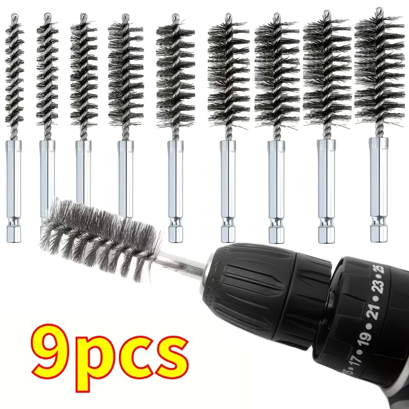 TEMU 9pcs Wire Brush Set - Multi-specification For Deburring, Rust Removal, And Polishing Screws, 1/4-inch Hex Shank Design, Suitable For Dusting,