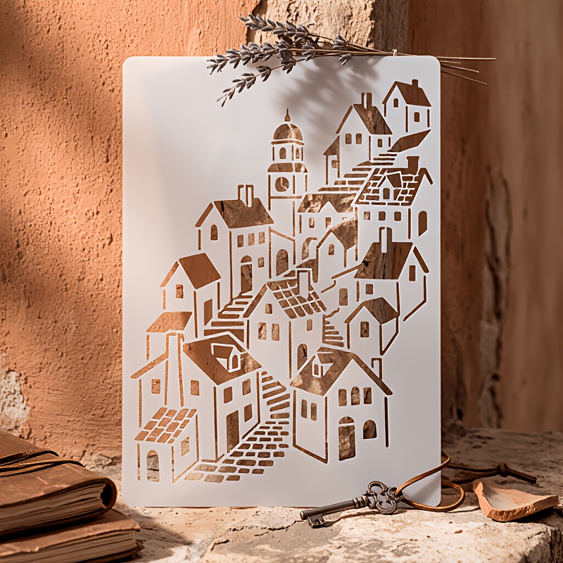 TEMU 1pc European Village Stencil | Mediterranean Hillside Town Architectural Cityscape Reusable Mylar Stencil, For Home Decor, Drawing Art Supplies