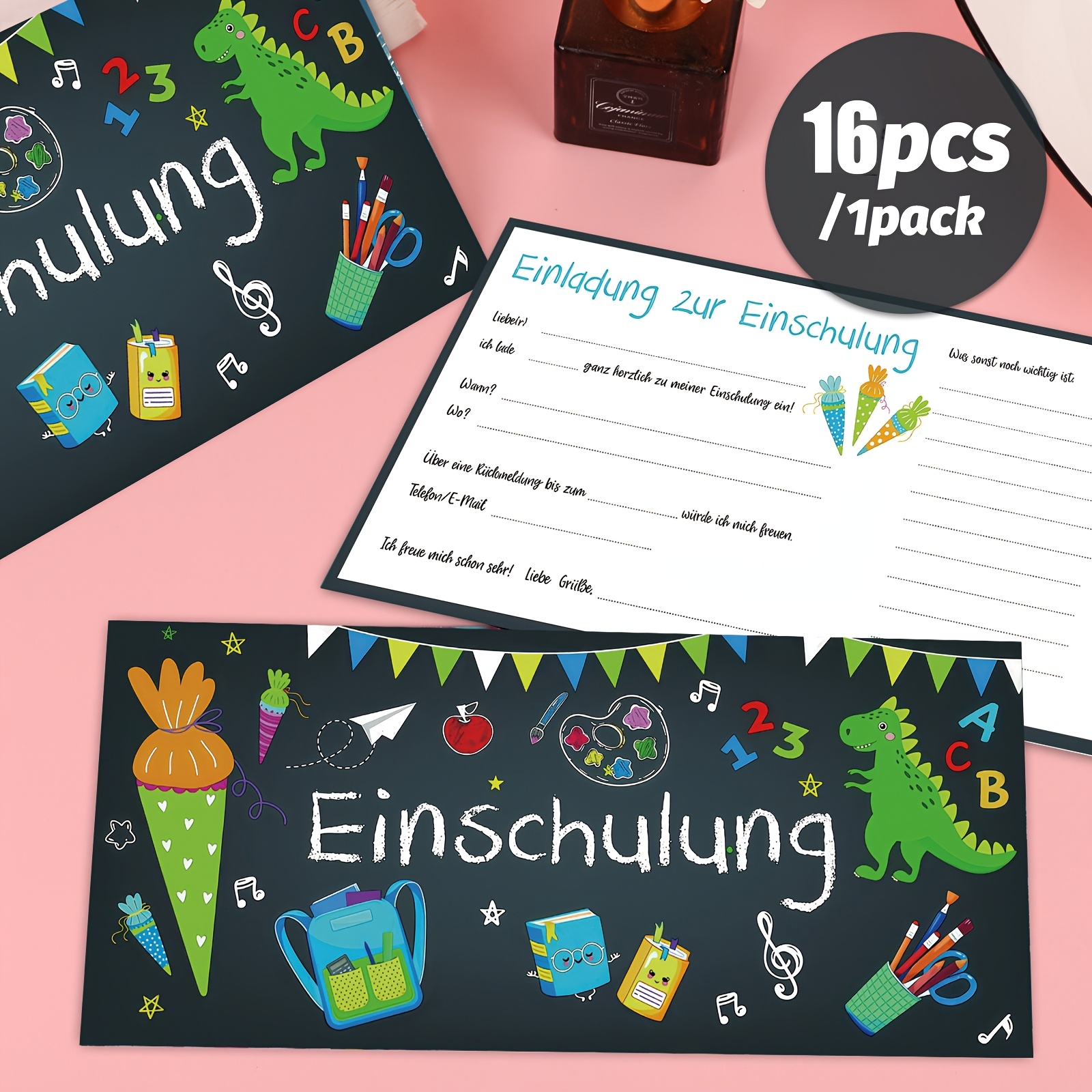 Image of 16pcs Of Back-to-school Invitation Cards, School Invitations For Season Activities, Invitations Featuring Dinosaur Stationery Designs, Back-to-school Invitation Cards