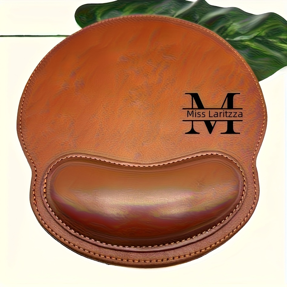 TEMU 1pc Personalized Faux Leather Mouse Pad With Custom Text - Elegant Name/letter Design, Wrist Support, Suitable For Office And Gaming, Perfect