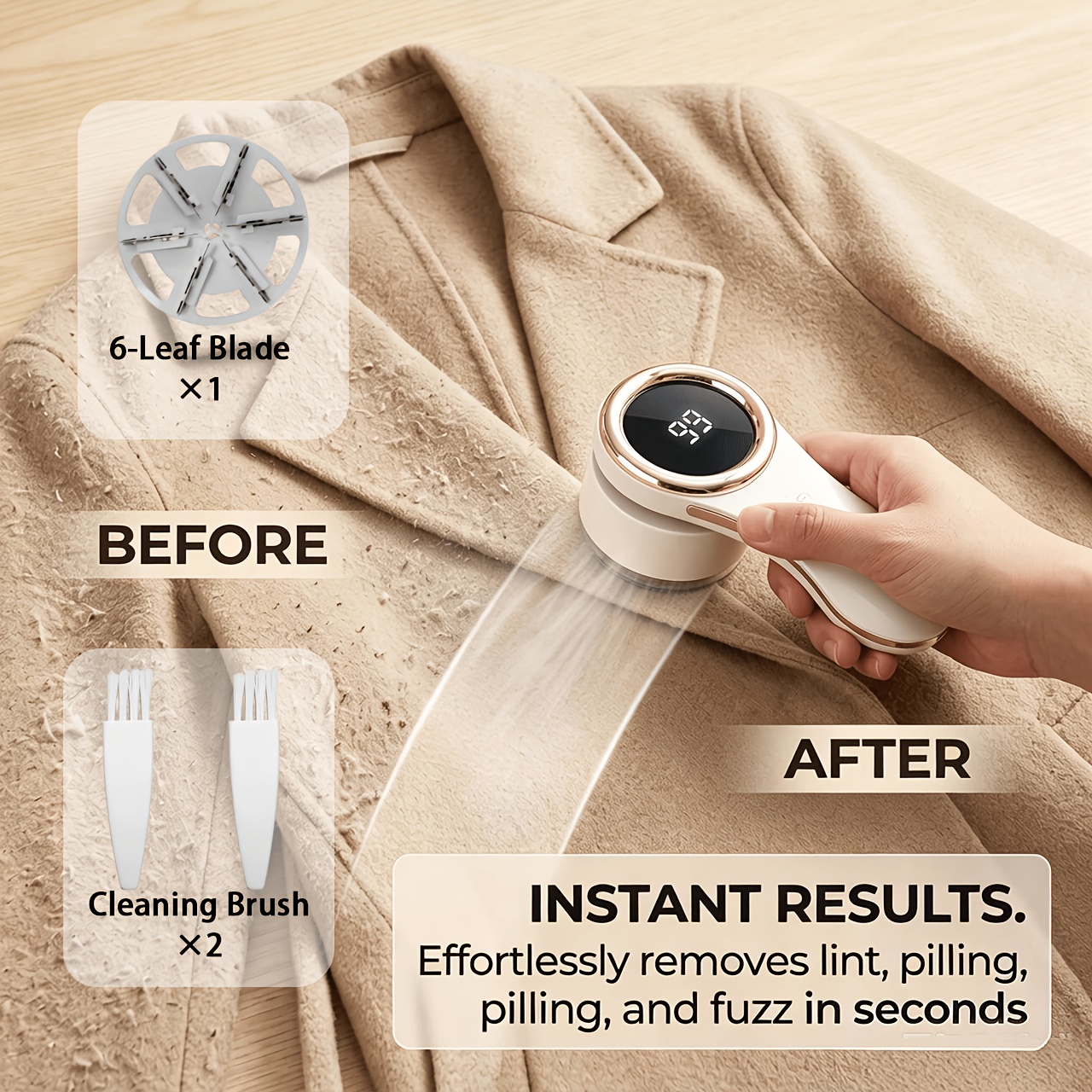 TEMU Usb Rechargeable Lint Remover, Portable Fabric Shaver With Digital Battery Indicator, 2 Pre-installed And 1 Spare Blade, 2 Cleaning Brushes, For