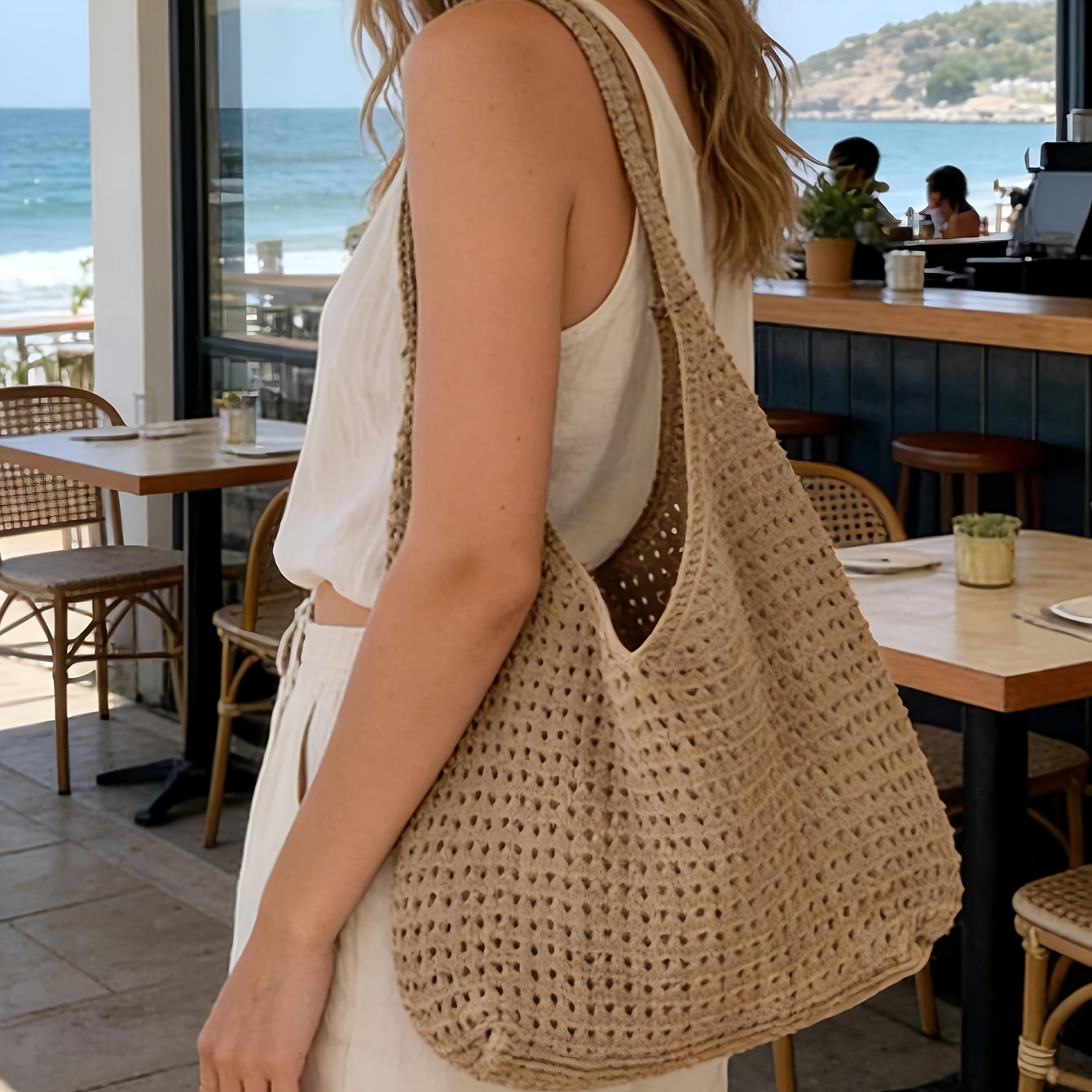 TEMU Women's Large Capacity Bohemian Knit Crochet Shoulder Bag, Fashionable Hollow Weave Tote Bag, Handmade Crochet Shoulder Bag, New Women's Casual