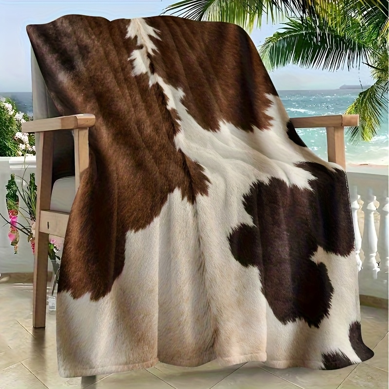 TEMU 1pc, Cowhide Pattern Printed Blanket, Flannel Material, Printed With Cowhide Pattern In Dark Brown, Light Brown, And Off-white, Single-sided
