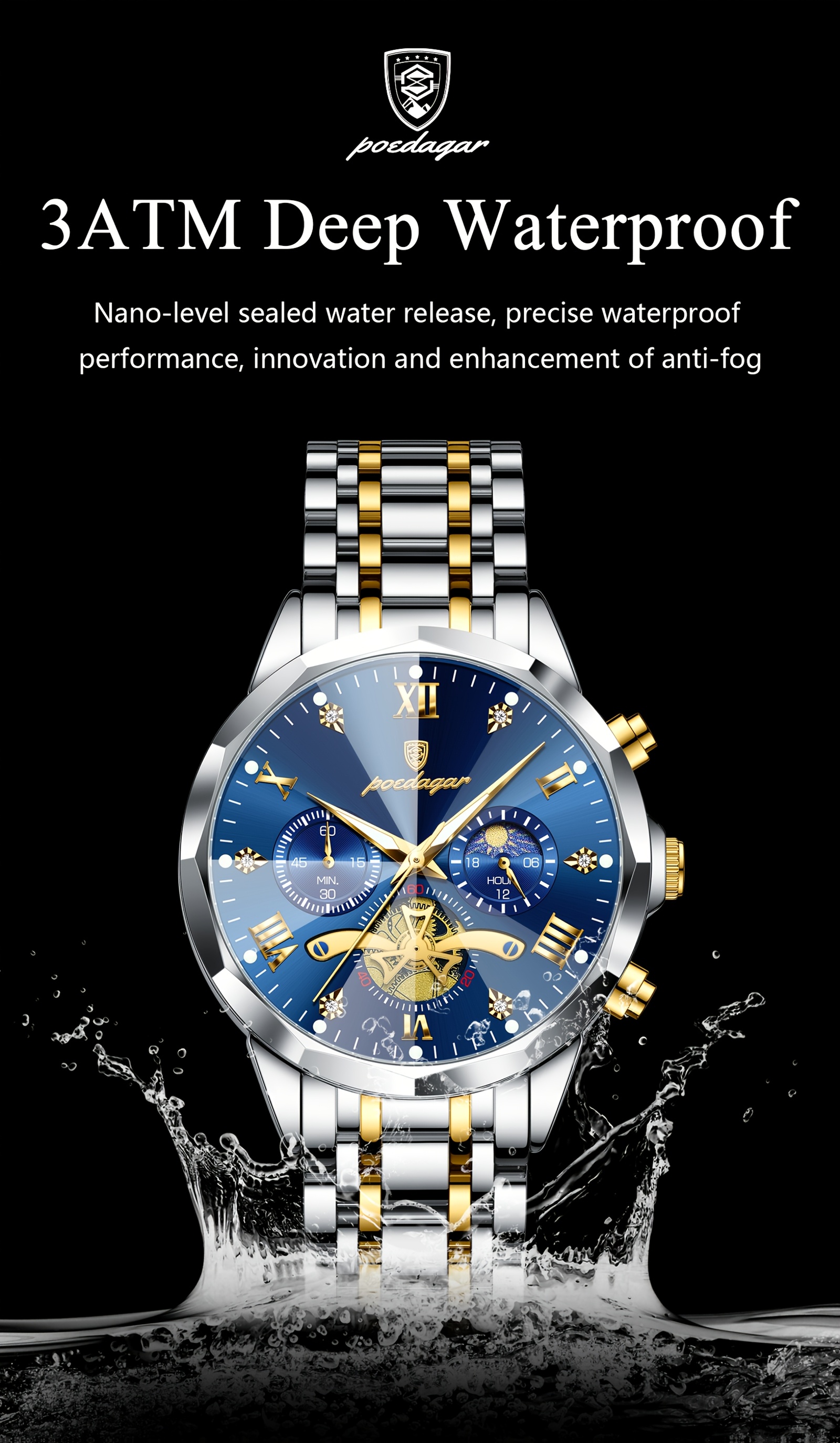 Luxe Stalen Band Herenhorloge Lichtgevend Waterdicht Chronograaf Dag En Nacht Display Heren Polshorloge
