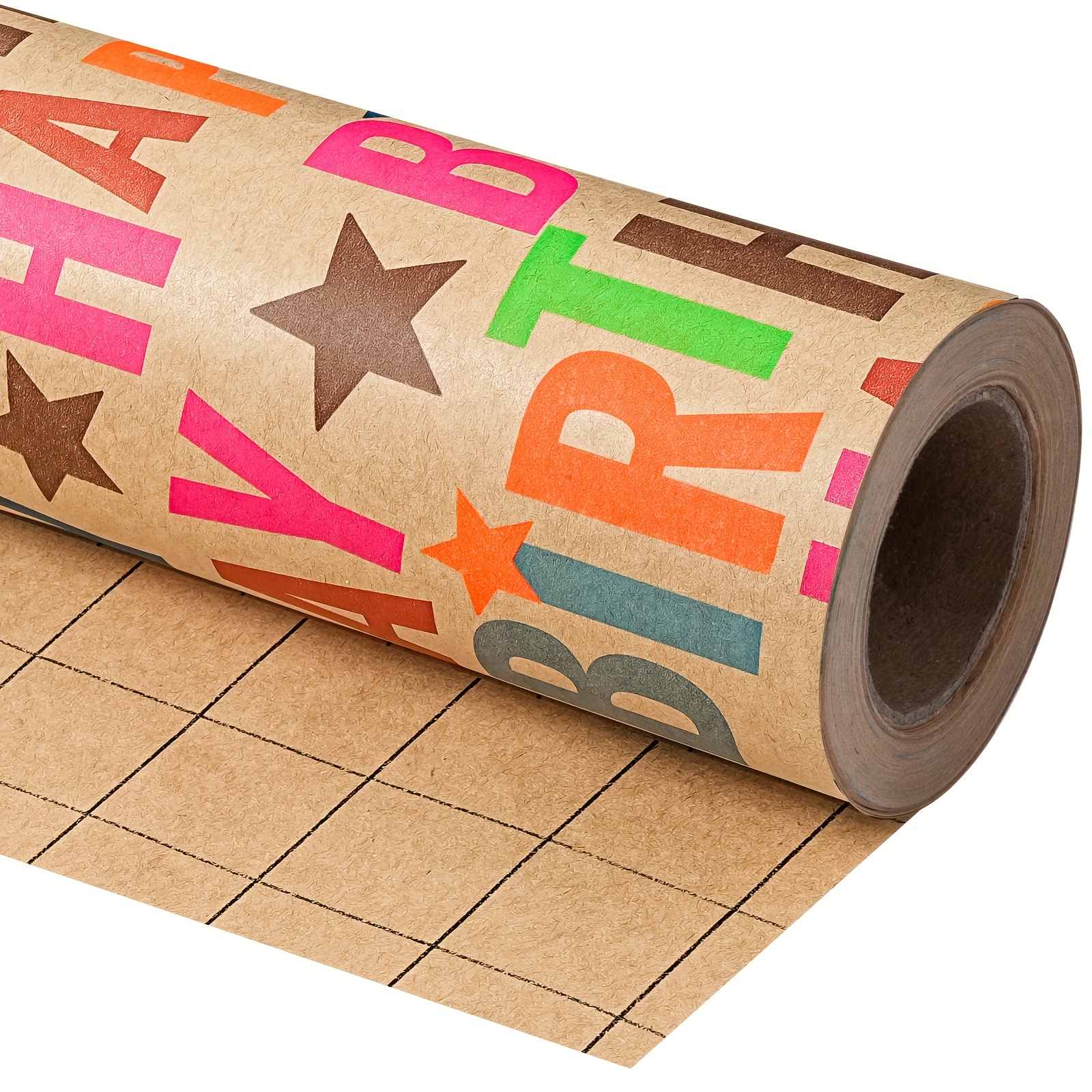 E-shop 1 Rolle Bunter Geburtstags-Kraftpapier | Muster mit "Happy Birthday" Text (Mehrfarbig), Sterne auf -Hintergrund – Ideal für
