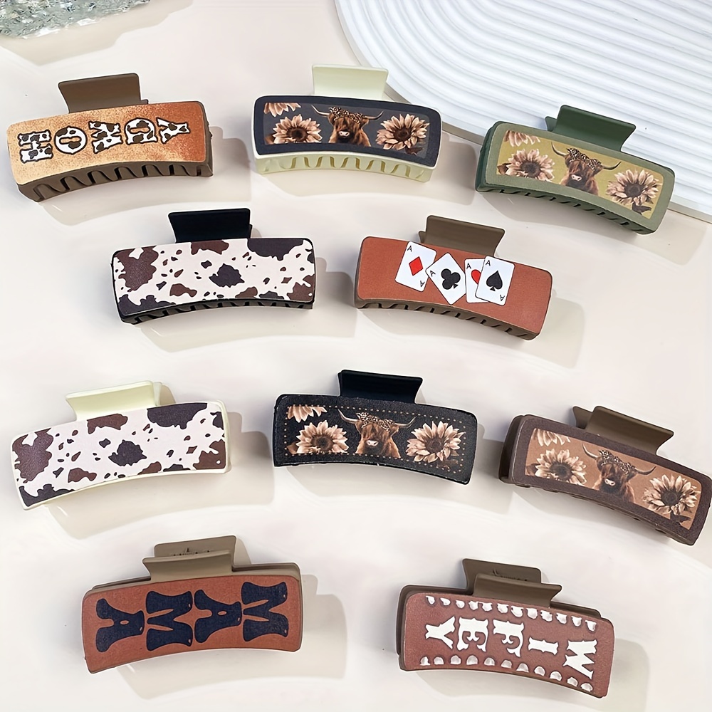 

4-piece Western Cowboy Style Hair Claw Clips For Women - Vintage Leather Printed, Non-slip Ponytail Holders With Animal & Floral Designs
