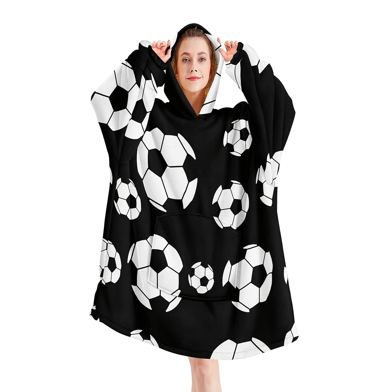 TEMU 1pc Simple Soccer Wearable Blanket, Hooded Blanket For Adults, Wearable Blanket, Warm And Cozy Hooded Blanket With Large Pockets, Gift Blanket