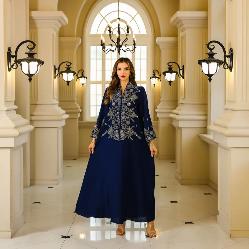 1pc elegant geometric pattern embroidered abaya dress polyester 100 long sleeve loose fit non stretch woven fabric luxury muslin ladies gown details 2