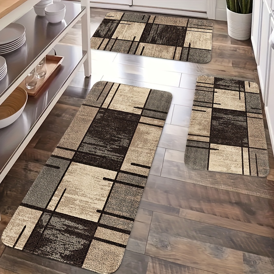 

2/3pcs Brown Geometric Flannel Kitchen Rugs Set - Non-slip, Machine Washable, Lightweight, Polyester Rectangle Mats For Home Decor (40cm*60cm/50*80cm/45cm*120cm)