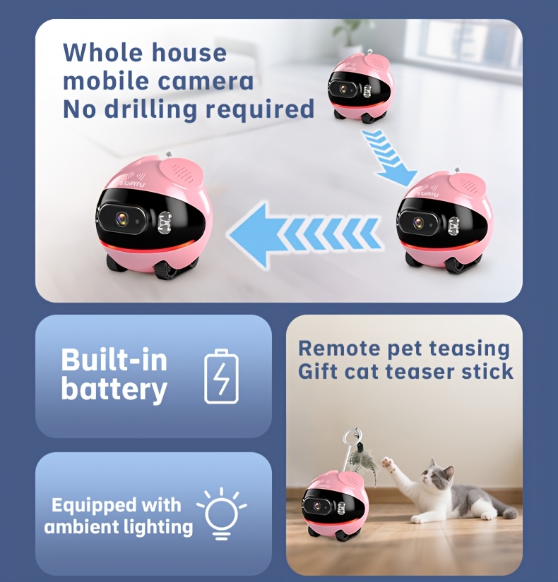 STJIATU Pet Camera - Mobile Monitoring for Elderly and Children, Wireless WiFi 2.4G Smart Voice Robot, Pet Entertainment, Mobile Remote Viewing Device with Built-in 64GB Memory Card, Cloud Storage Support, Feather Artificial Breeding