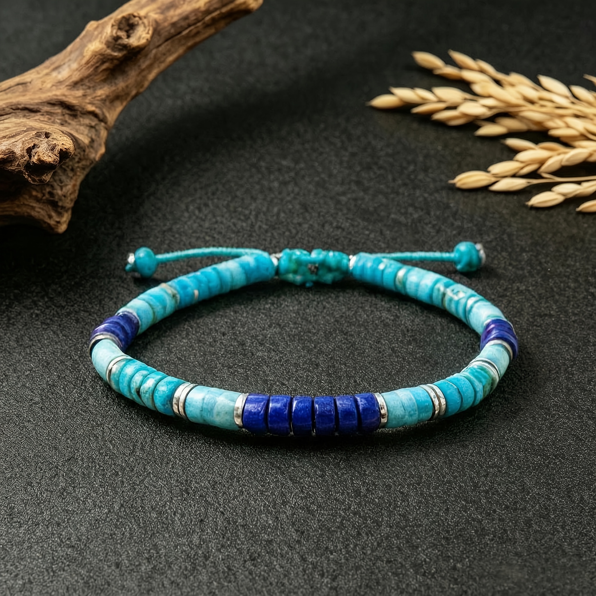 TEMU Bracelet extensible unisexe et polyvalent avec perles plates de tablette en lapis- et turquoise naturels, attire , rassemble les opportunités,