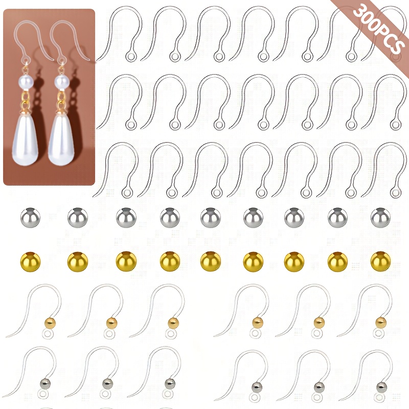 Image of 300pcs Hypoallergenic Earring Making Kit, 100pcs/50pairs Silicone Fishing Line Ear Hook + 100pcs Golden+ 100pcs Silvery 4mm Round Beads, For Handmade Jewelry Making Additions