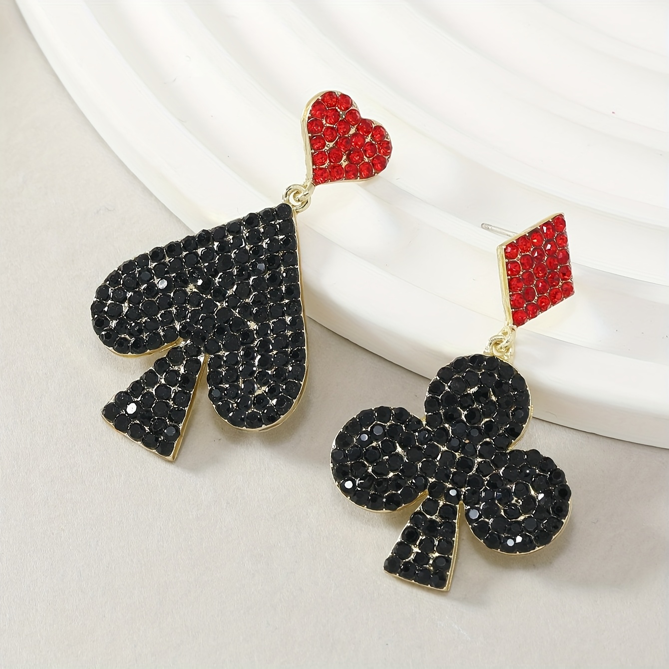 TEMU Elegant Gothic Card Spade & Heart Dangle Earrings - 14k Golden Plated, Mosaic Design, Alloy, , Everyday Earrings|gothic Earrings|dangle Earring